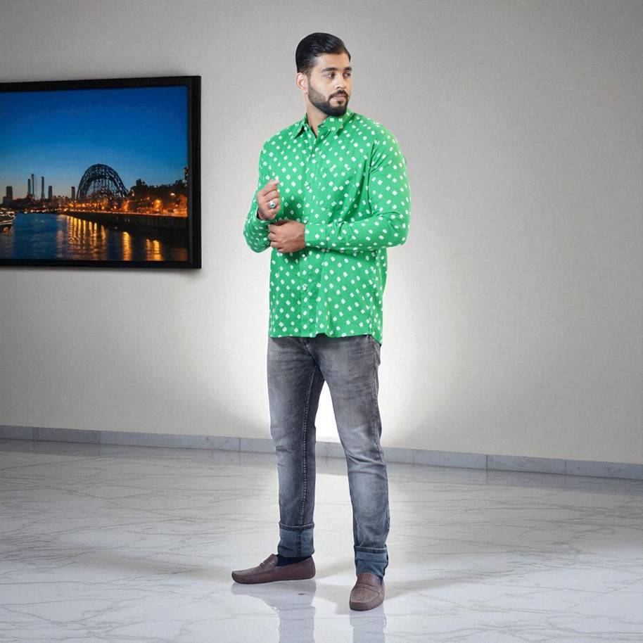 Green Hand Bandhej-Bandhini Cotton Mens Shirt
