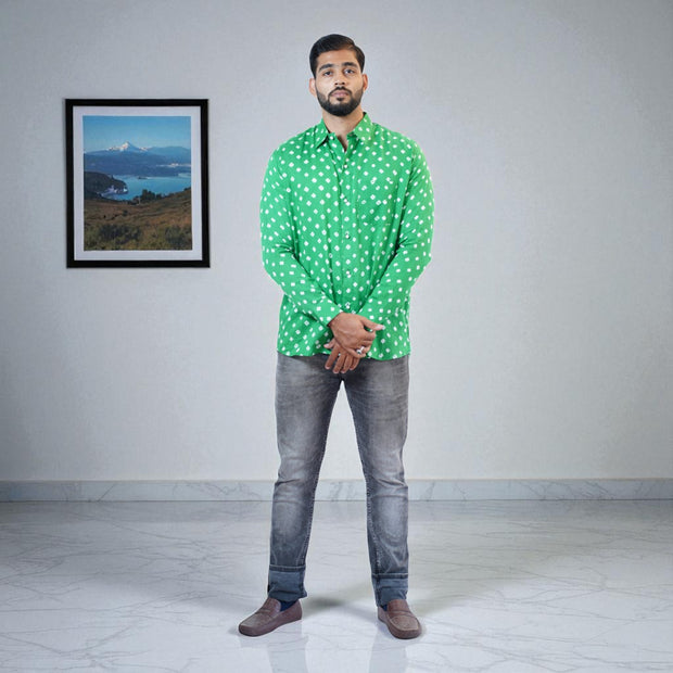 Green Hand Bandhej-Bandhini Cotton Mens Shirt
