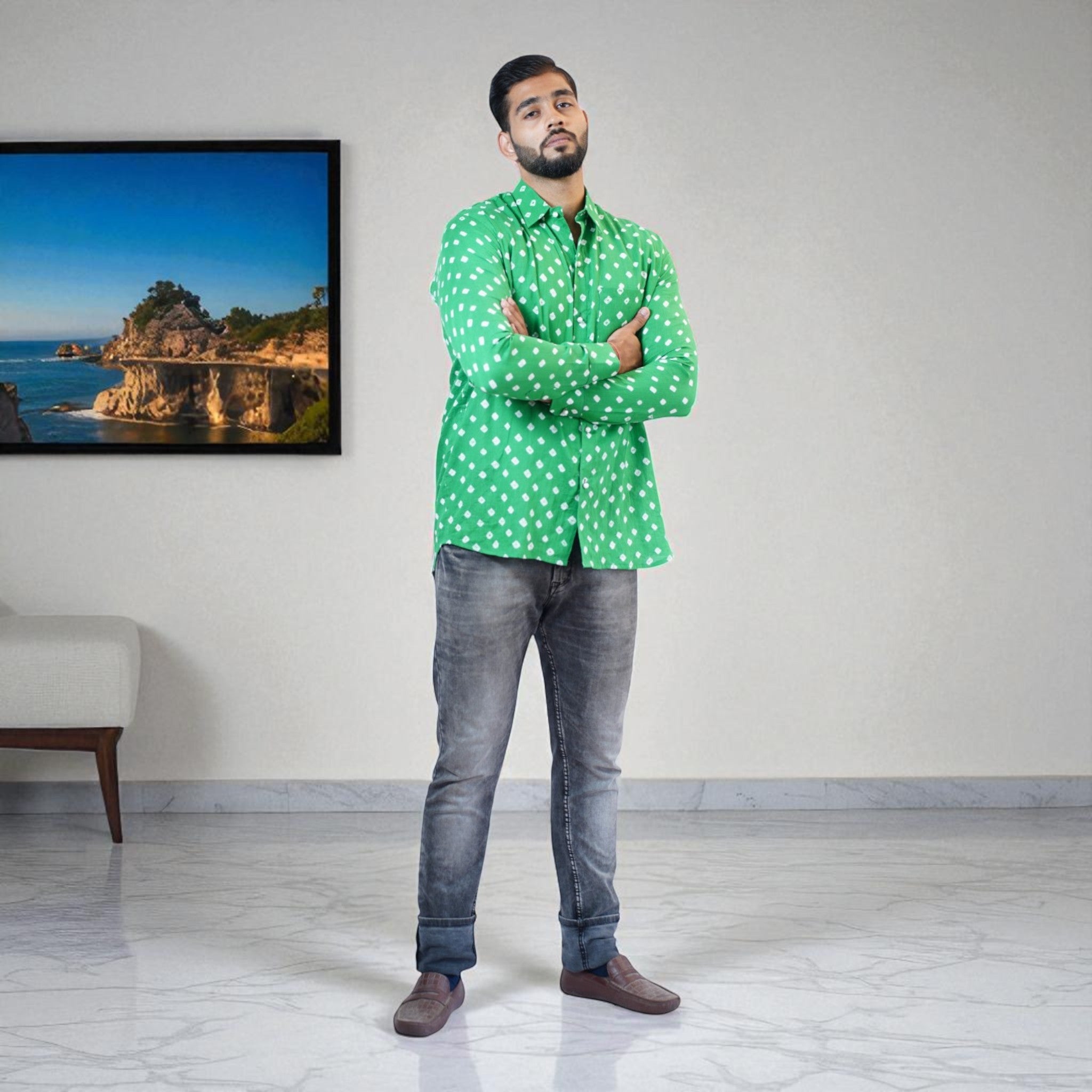 Green Hand Bandhej-Bandhini Cotton Mens Shirt