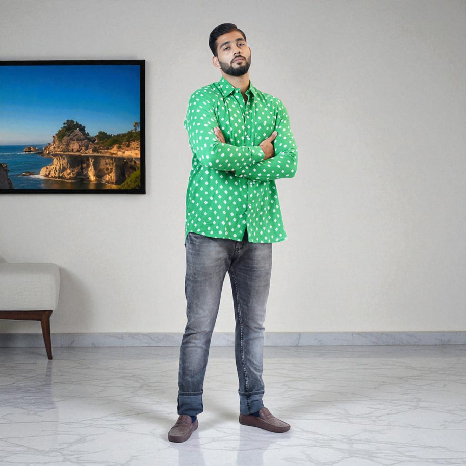 Green Hand Bandhej-Bandhini Cotton Mens Shirt