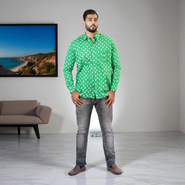 Green Hand Bandhej-Bandhini Cotton Mens Shirt