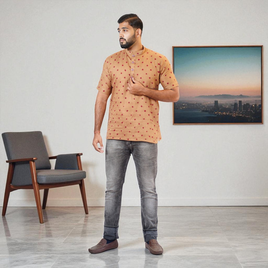Brown Bandhani Cotton Short Kurta