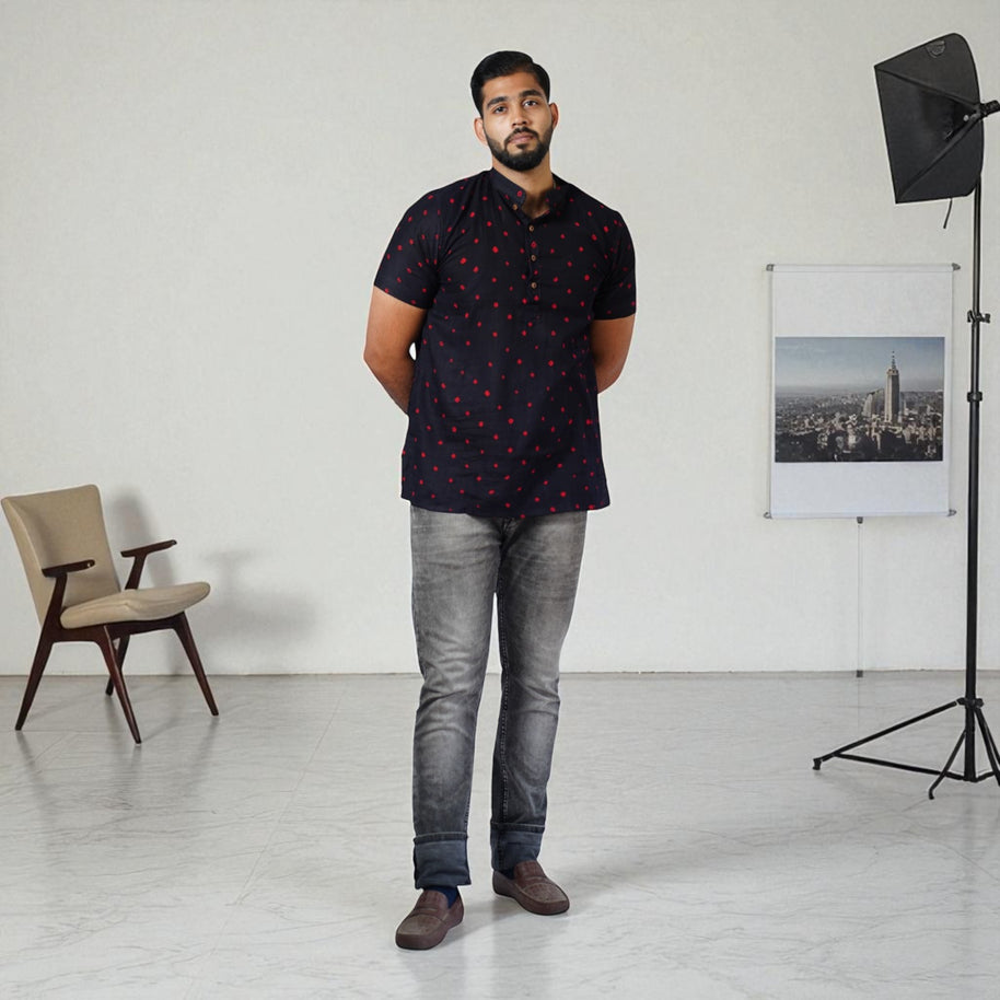 Black Bandhani Cotton Short Kurta