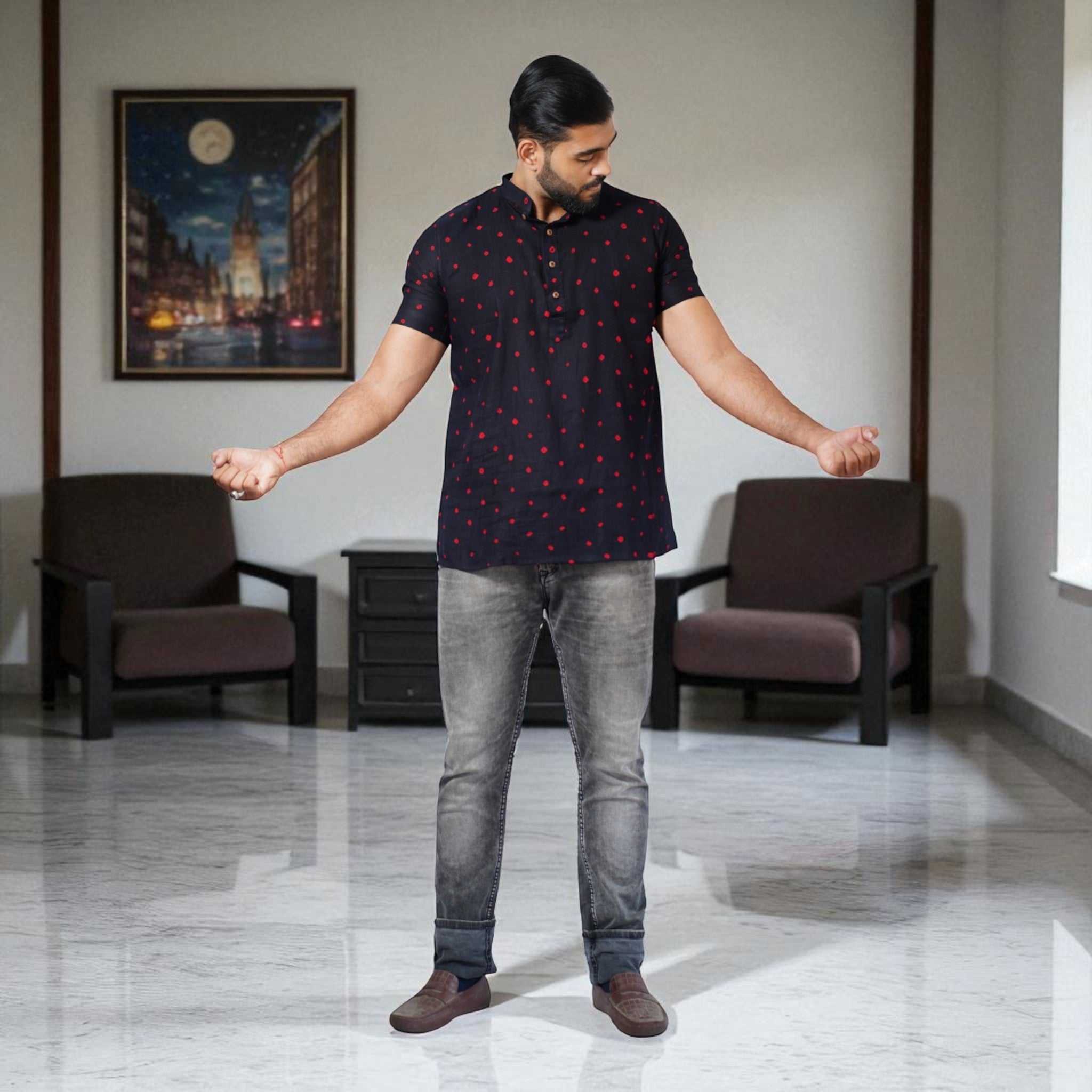 Black Bandhani Cotton Short Kurta