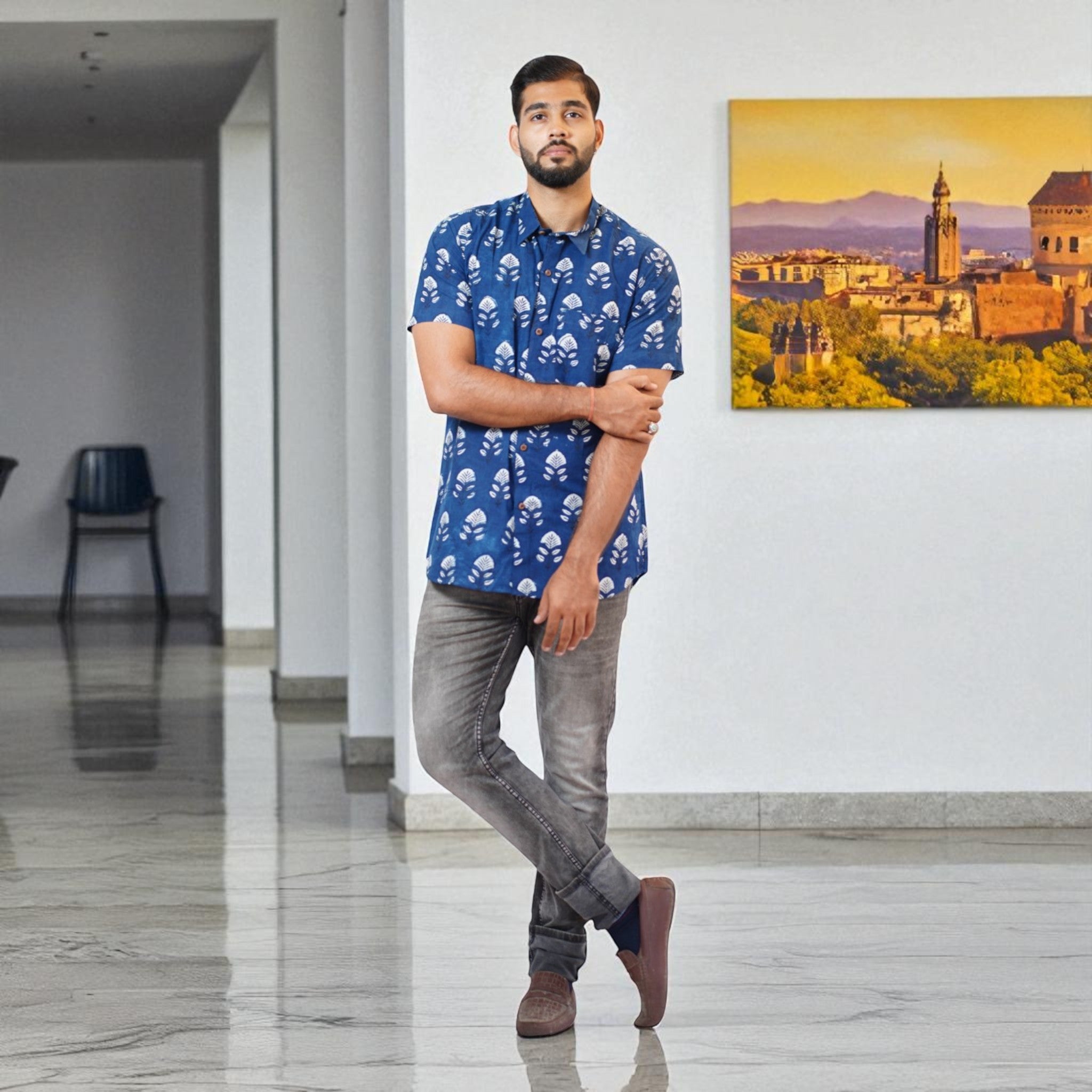 Blue Floral Handblock Print Cotton Shirt