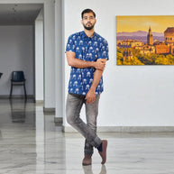 Blue Floral Handblock Print Cotton Shirt