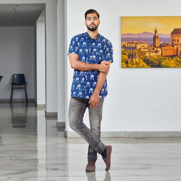 Blue Floral Handblock Print Cotton Shirt