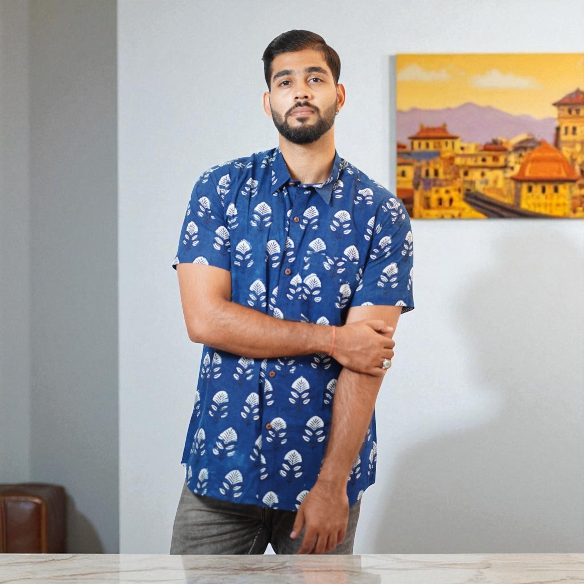 Blue Floral Handblock Print Cotton Shirt