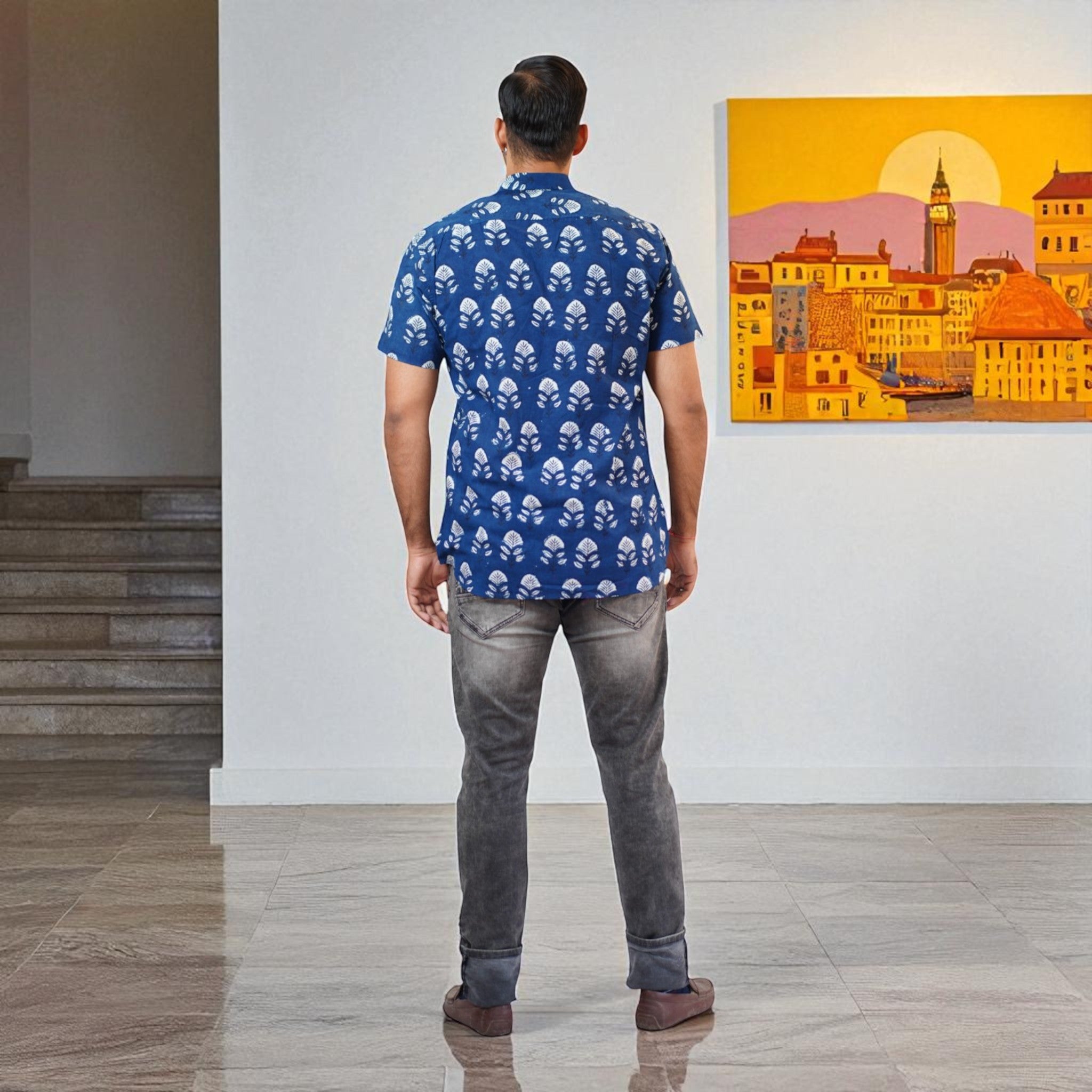 Blue Floral Handblock Print Cotton Shirt