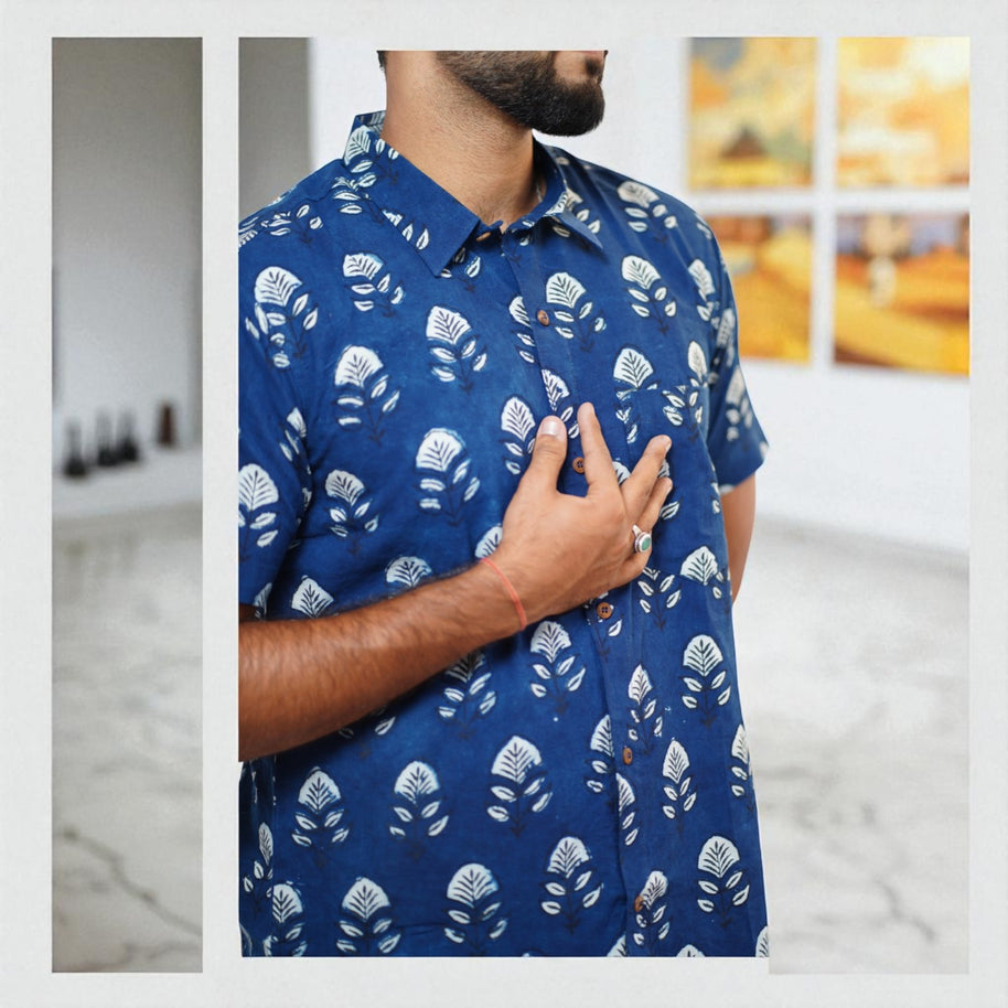 Blue Floral Handblock Print Cotton Shirt