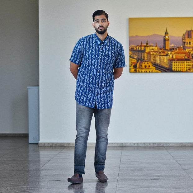 Indigo Stripe Handblock Print Cotton Shirt