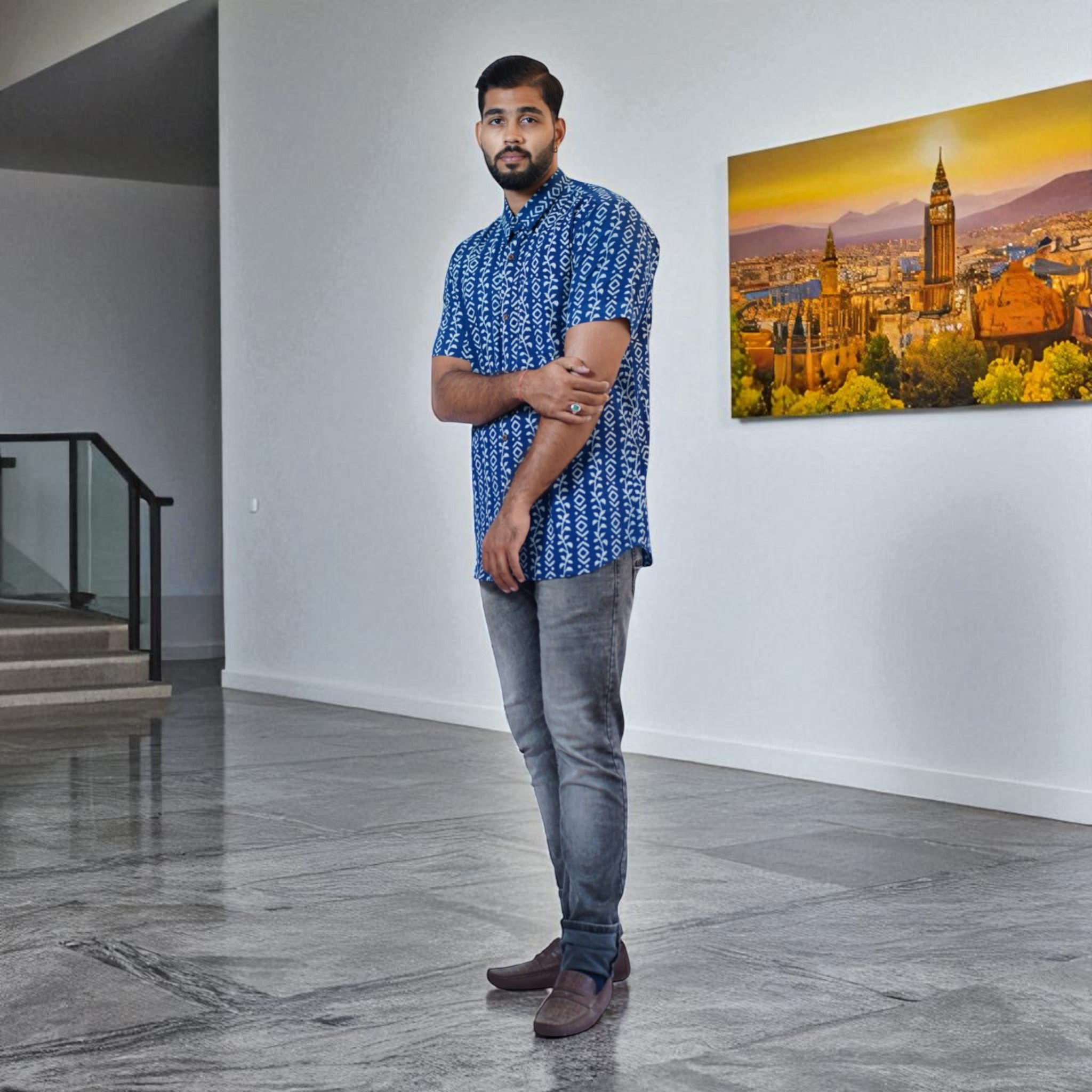 Indigo Stripe Handblock Print Cotton Shirt