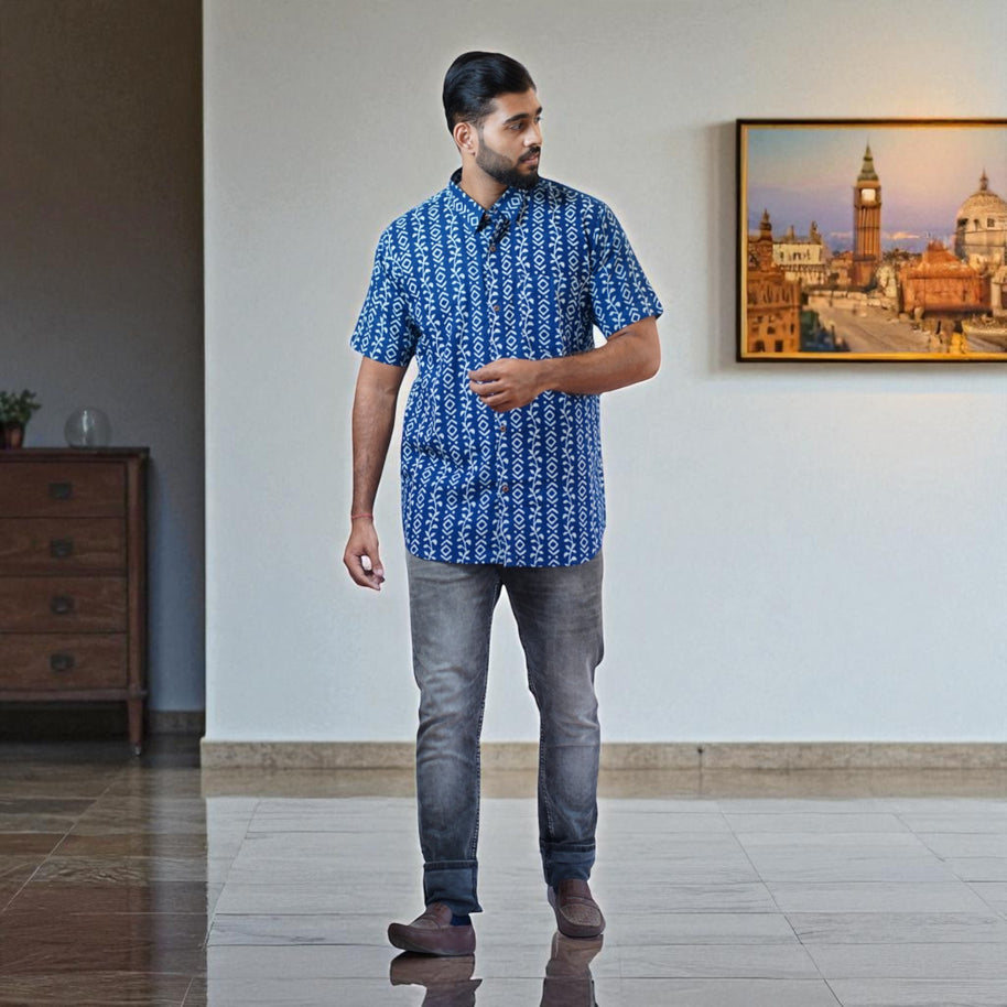 Indigo Stripe Handblock Print Cotton Shirt