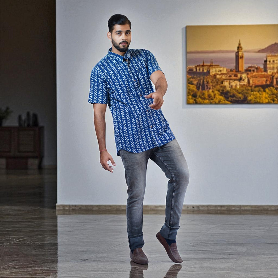 Indigo Stripe Handblock Print Cotton Shirt