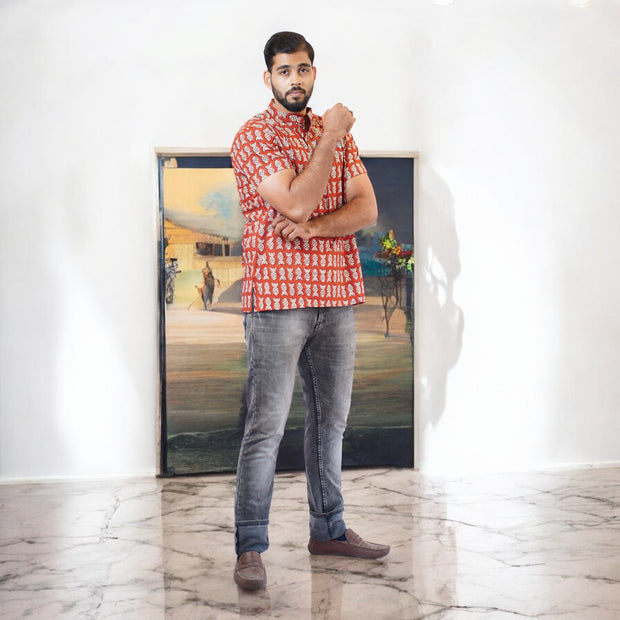 Maroon White Fish Handblock Cotton Short Kurta