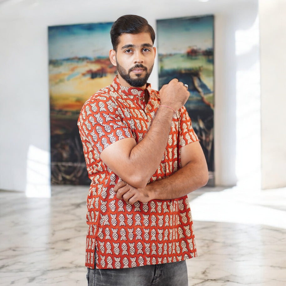 Maroon White Fish Handblock Cotton Short Kurta