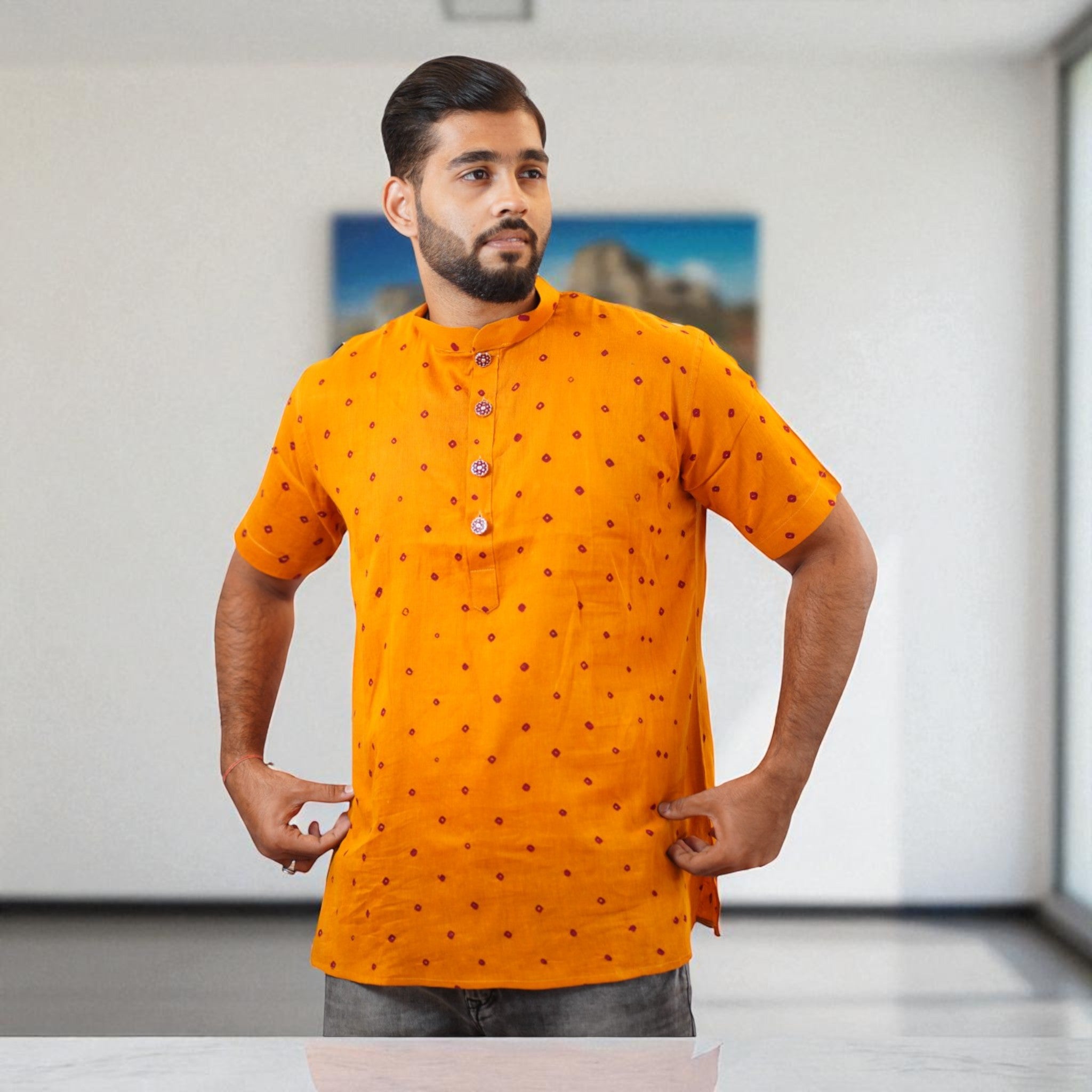 Orange Bandhani Cotton Short Kurta