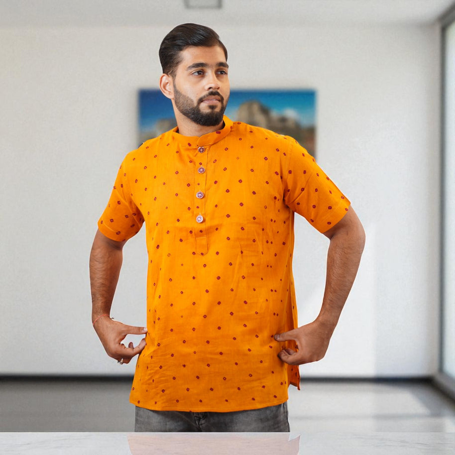 Orange Bandhani Cotton Short Kurta