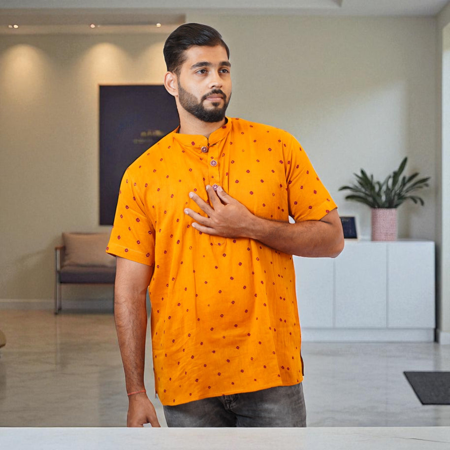 Orange Bandhani Cotton Short Kurta
