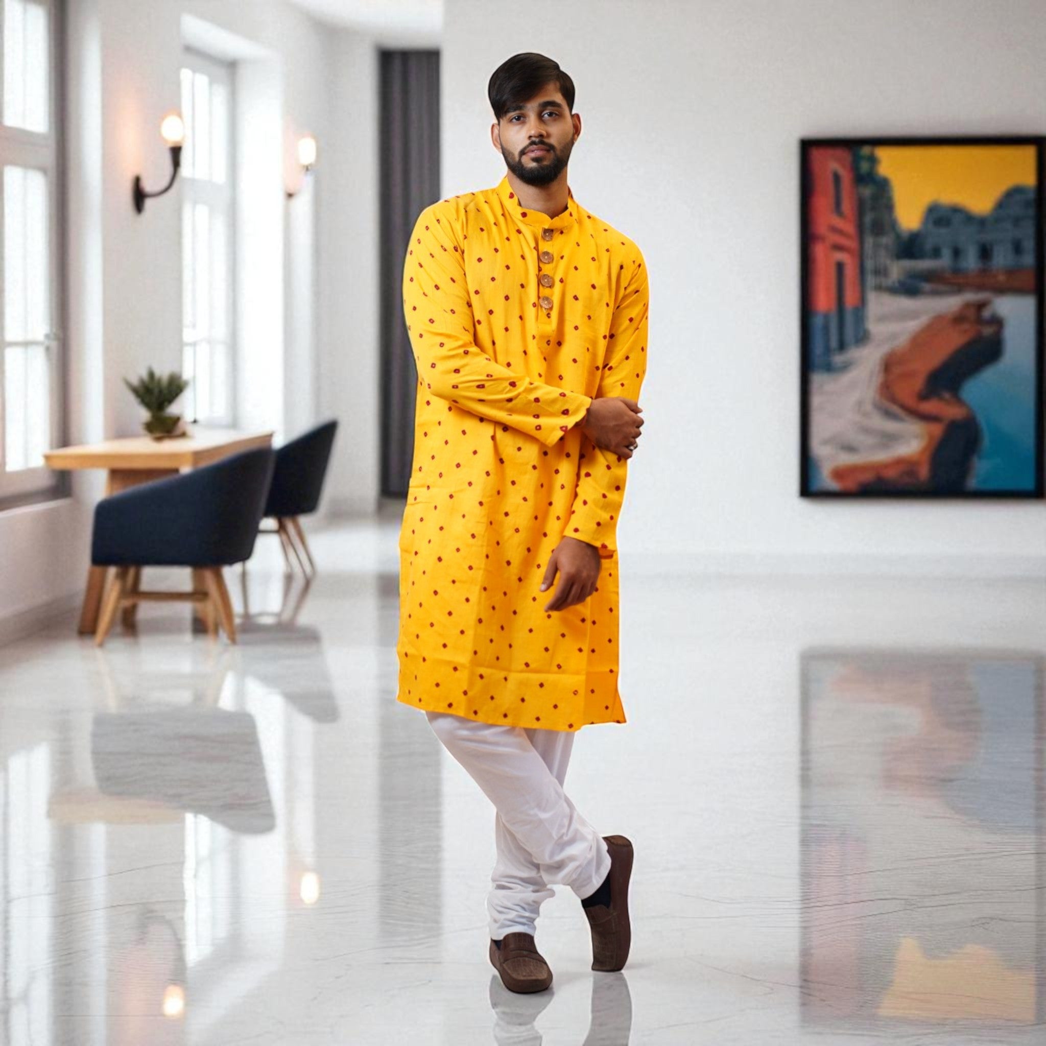 Yellow Bandhani Cotton Kurta