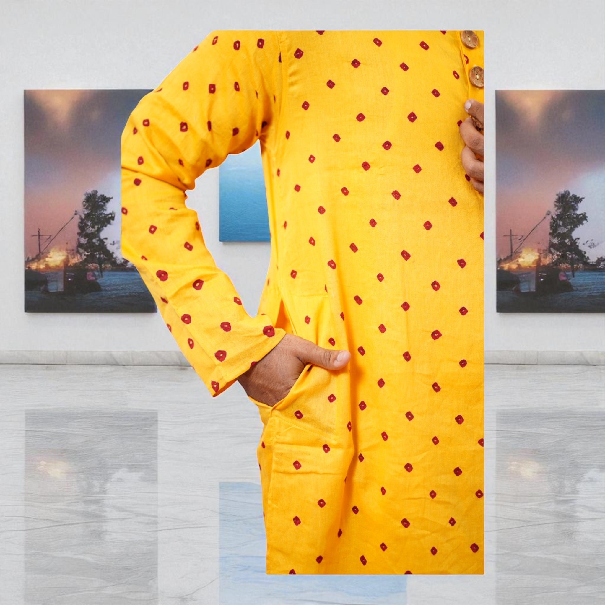 Yellow Bandhani Cotton Kurta