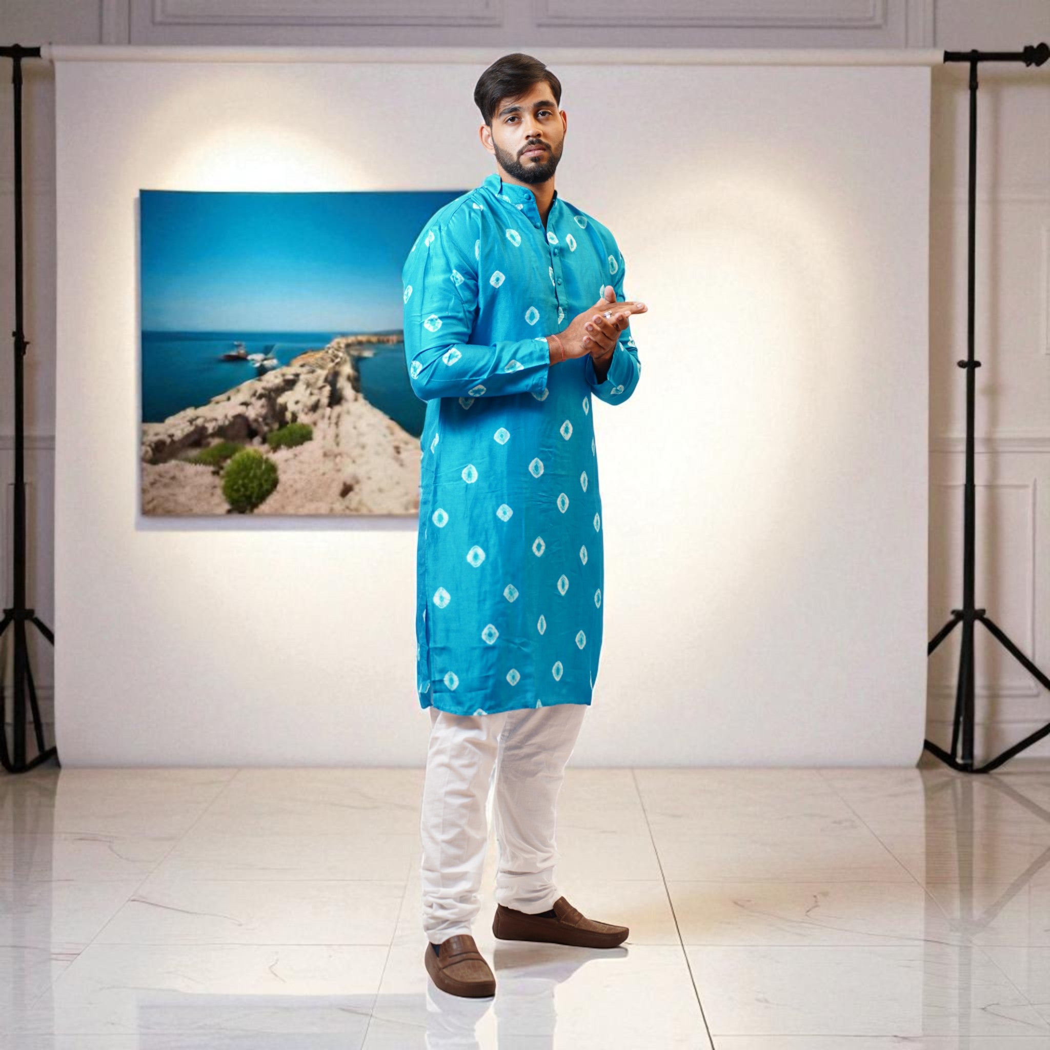Sky Blue Bandhani Silk Kurta