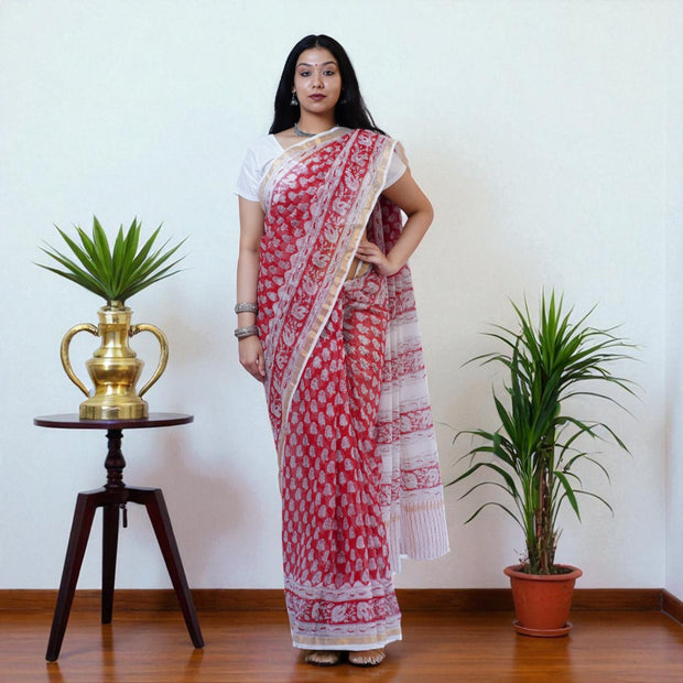 LalShweta Handblock Kota Cotton Saree