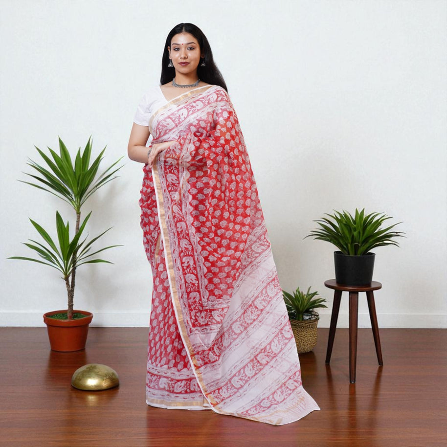 LalShweta Handblock Kota Cotton Saree
