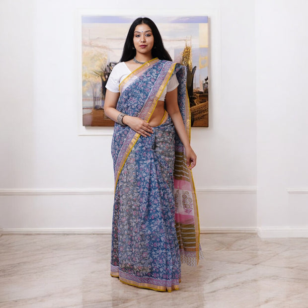 NeelGulPaisley Handblock Kota Cotton Saree
