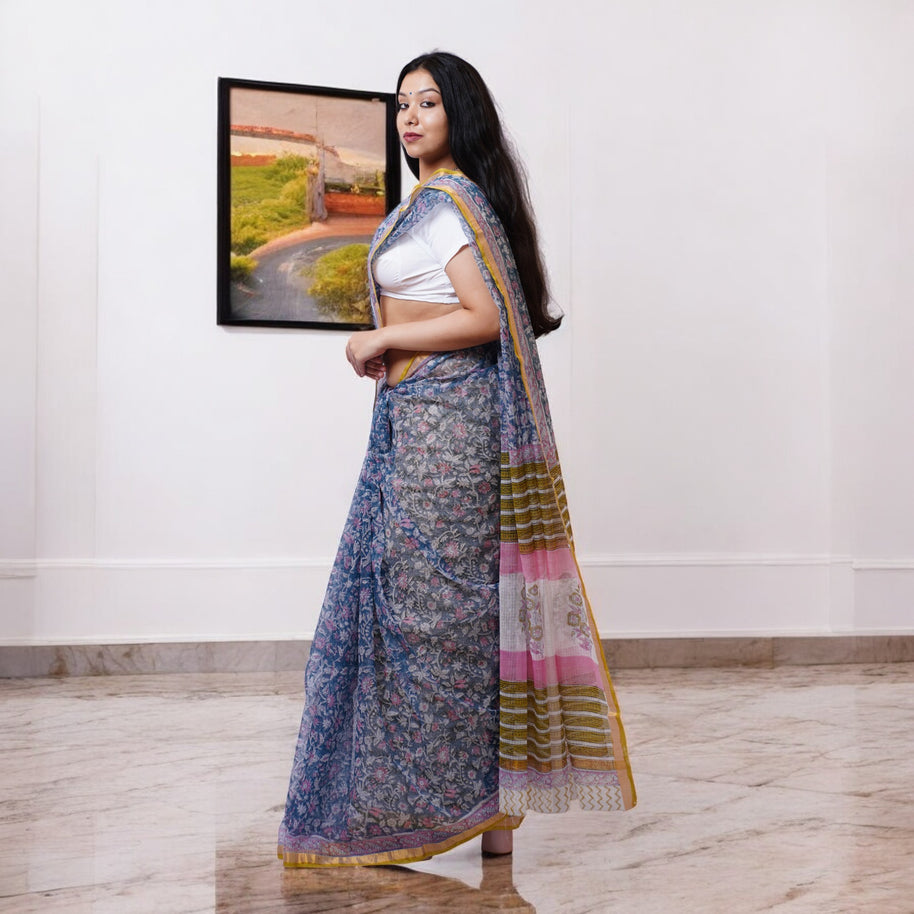 NeelGulPaisley Handblock Kota Cotton Saree