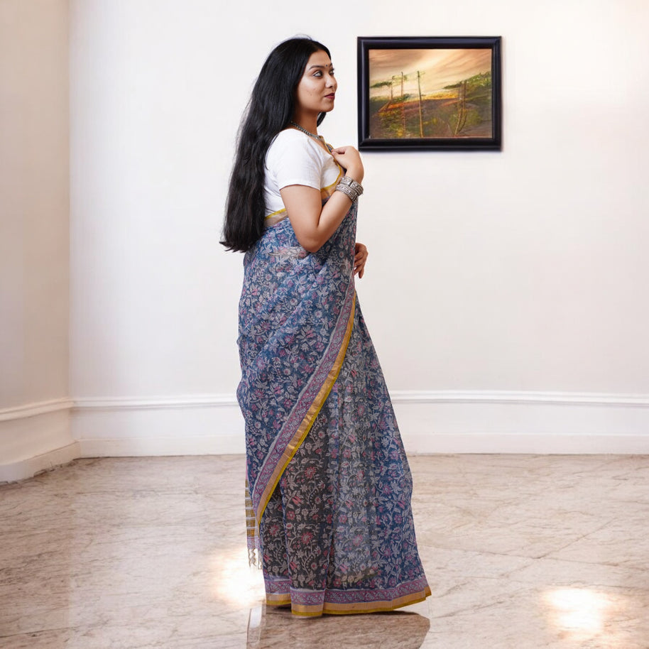NeelGulPaisley Handblock Kota Cotton Saree