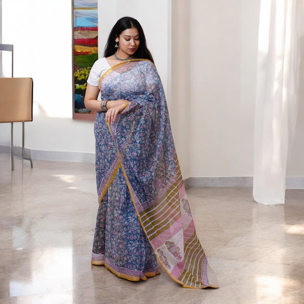 NeelGulPaisley Handblock Kota Cotton Saree