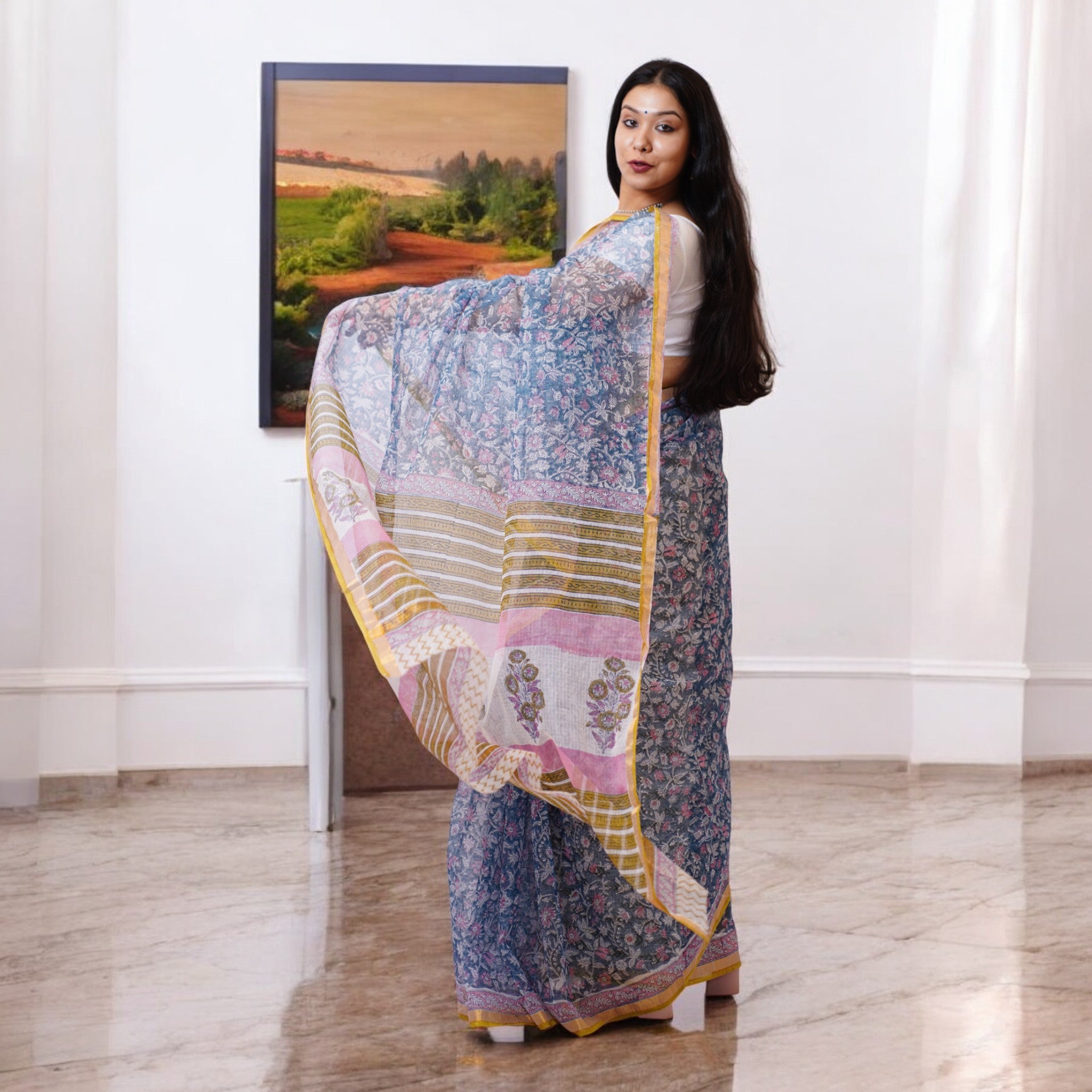 NeelGulPaisley Handblock Kota Cotton Saree