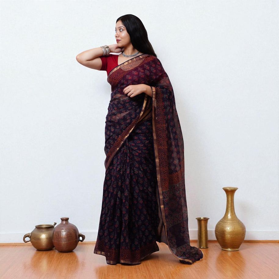 Violet Red Handblock Print Kota Cotton Saree