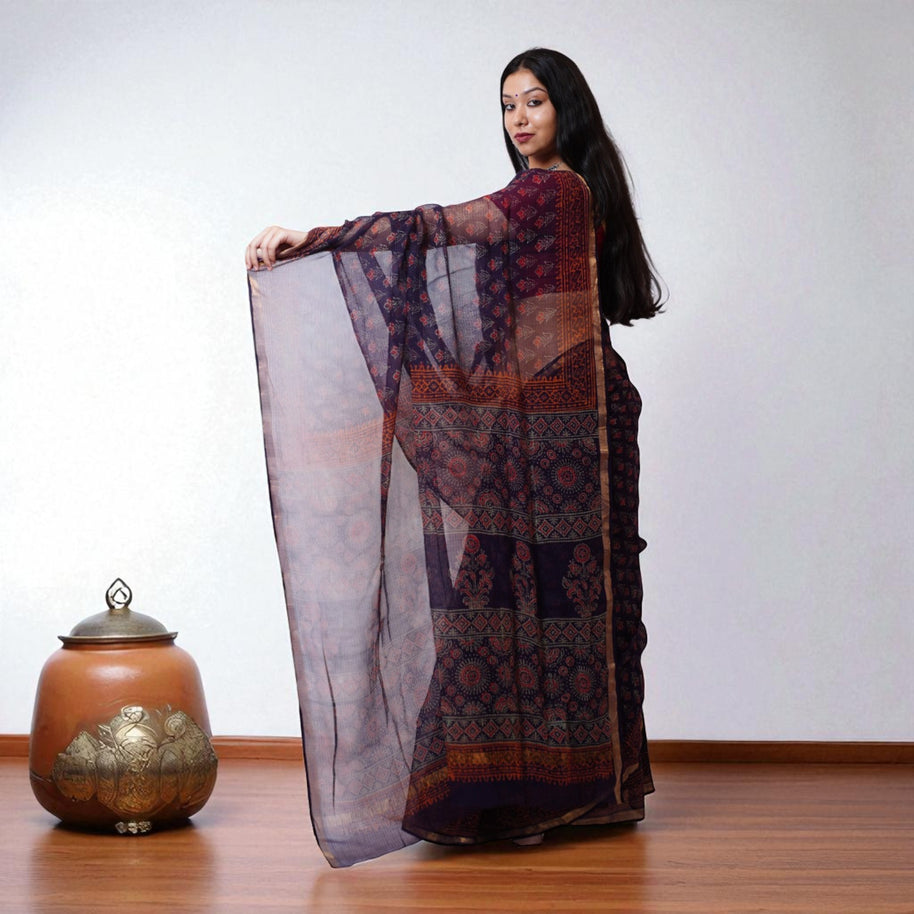 Violet Red Handblock Print Kota Cotton Saree