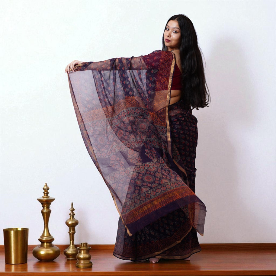 Violet Red Handblock Print Kota Cotton Saree