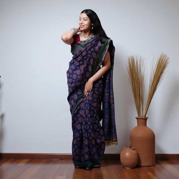 Blue Handblock Chanderi Silk Saree