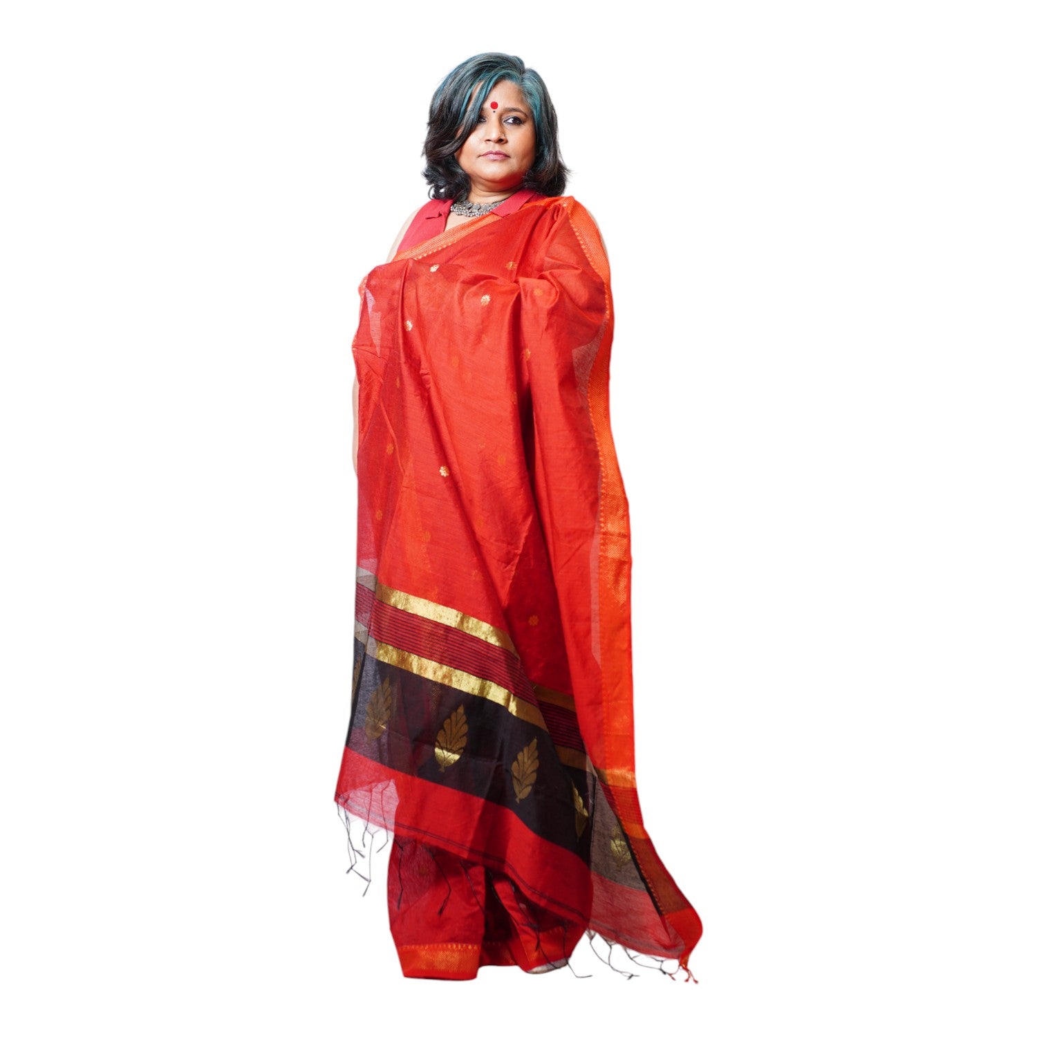 Red Black Buti Cotton Saree