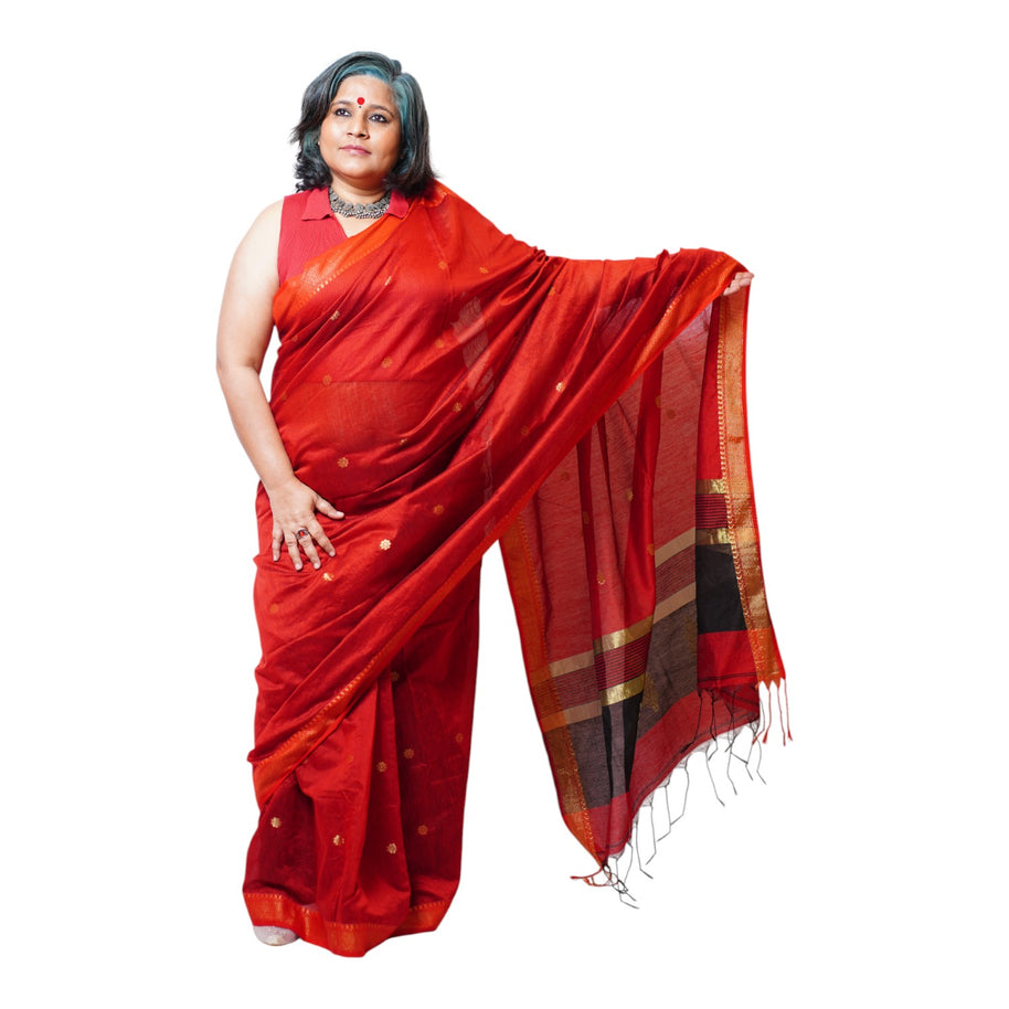 Red Black Buti Cotton Saree