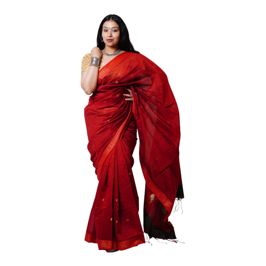 Red Green Buti Cotton Saree