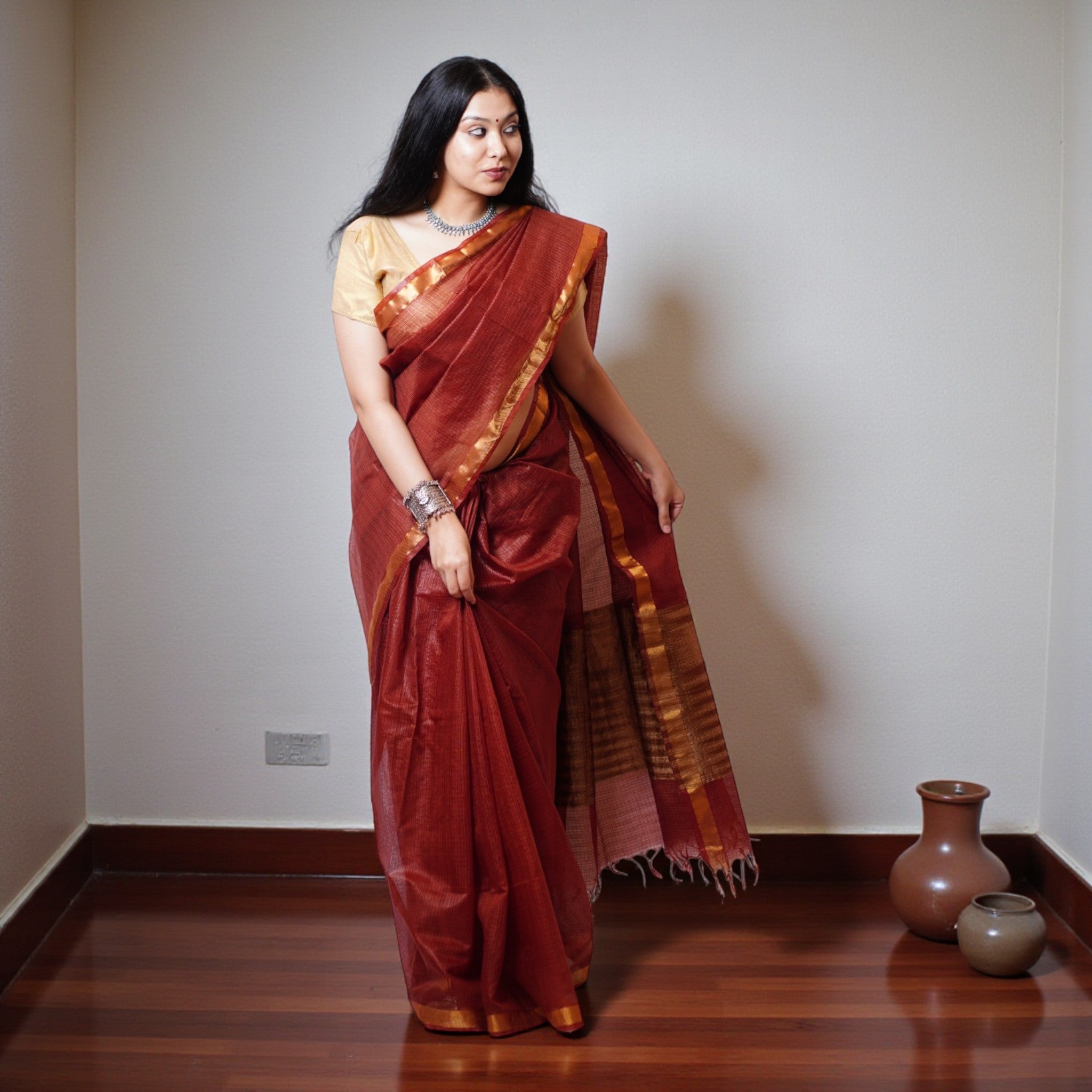 Rust Handloom Kota Cotton Saree