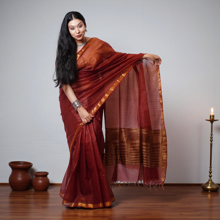 Rust Handloom Kota Cotton Saree