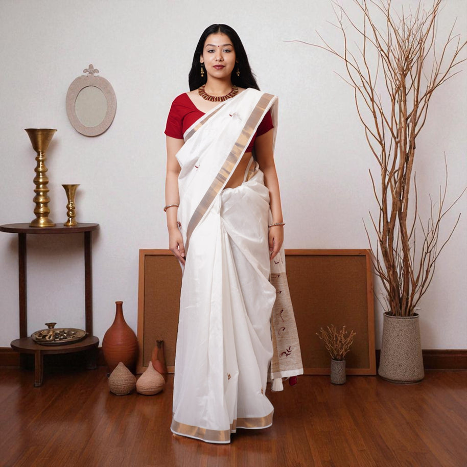 White Embroidery Silk Saree