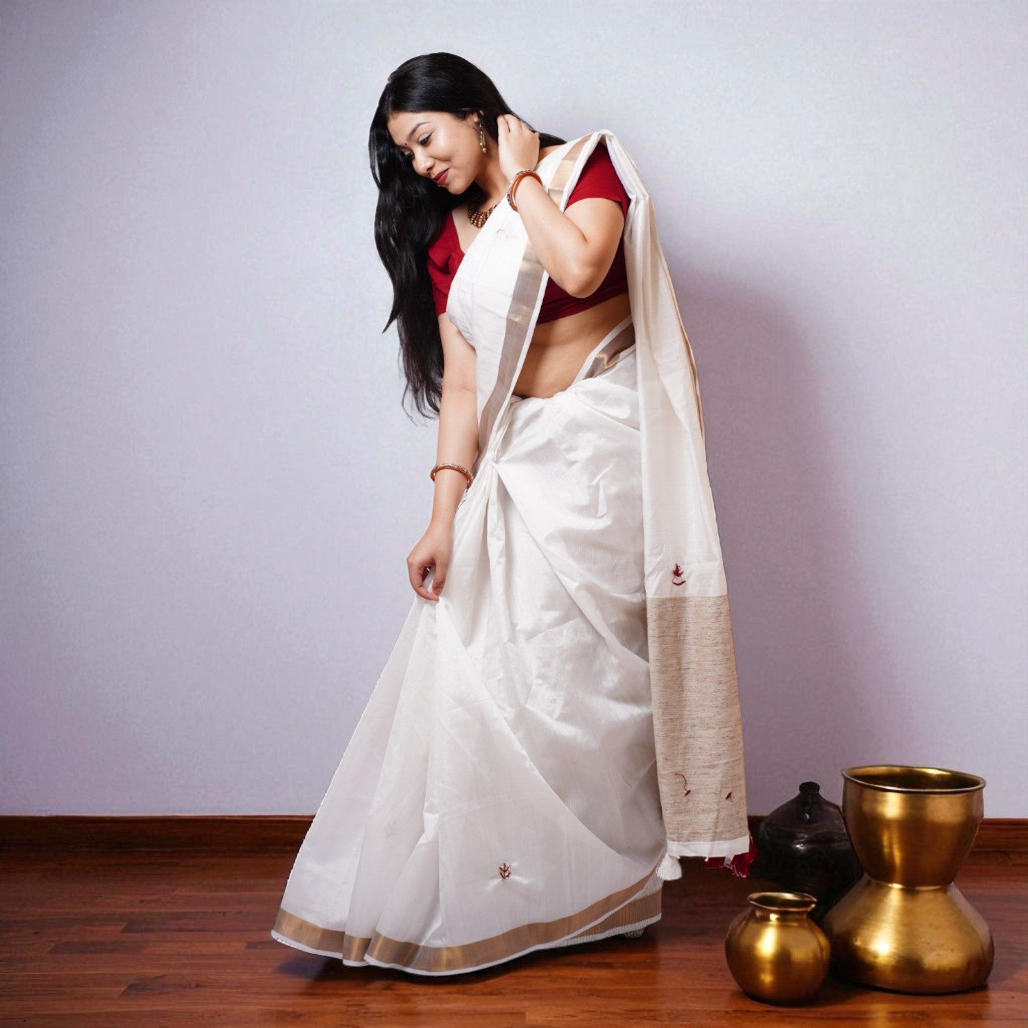 White Embroidery Silk Saree
