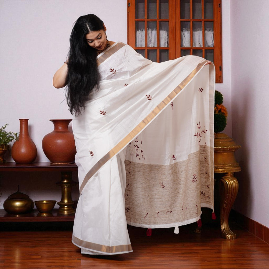 White Embroidery Silk Saree