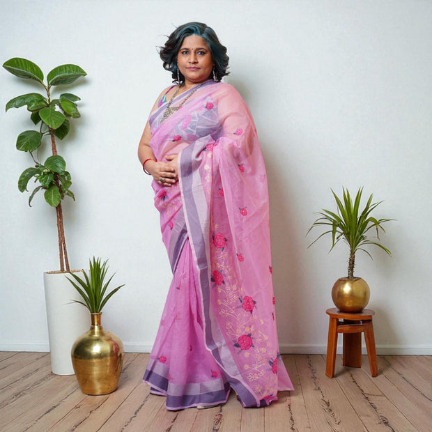 Pink Embroidery Kota Cotton Saree