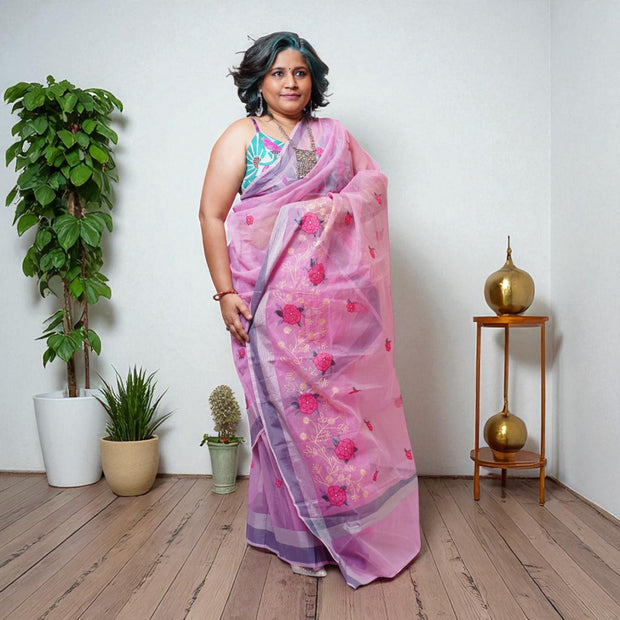 Pink Embroidery Kota Cotton Saree