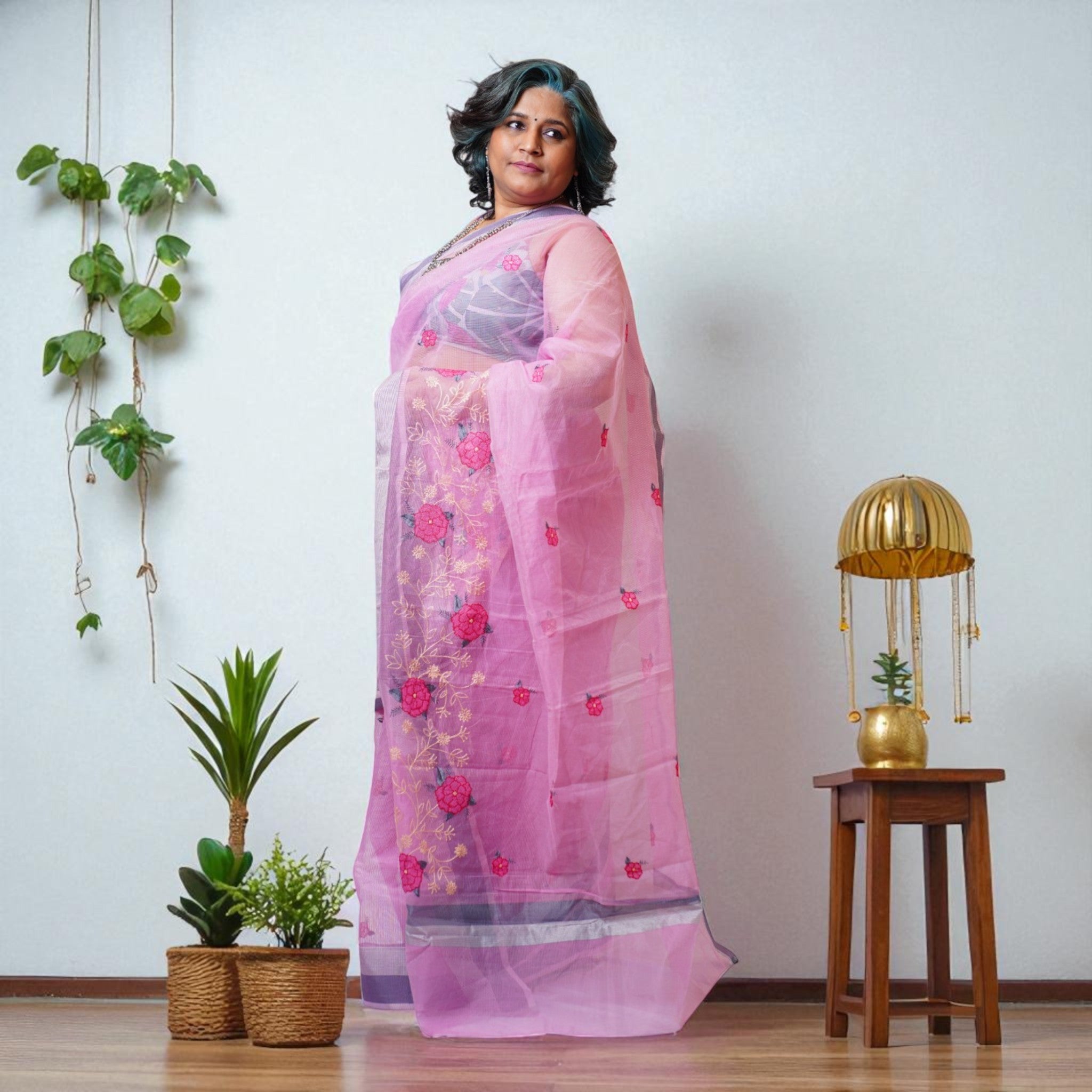 Pink Embroidery Kota Cotton Saree