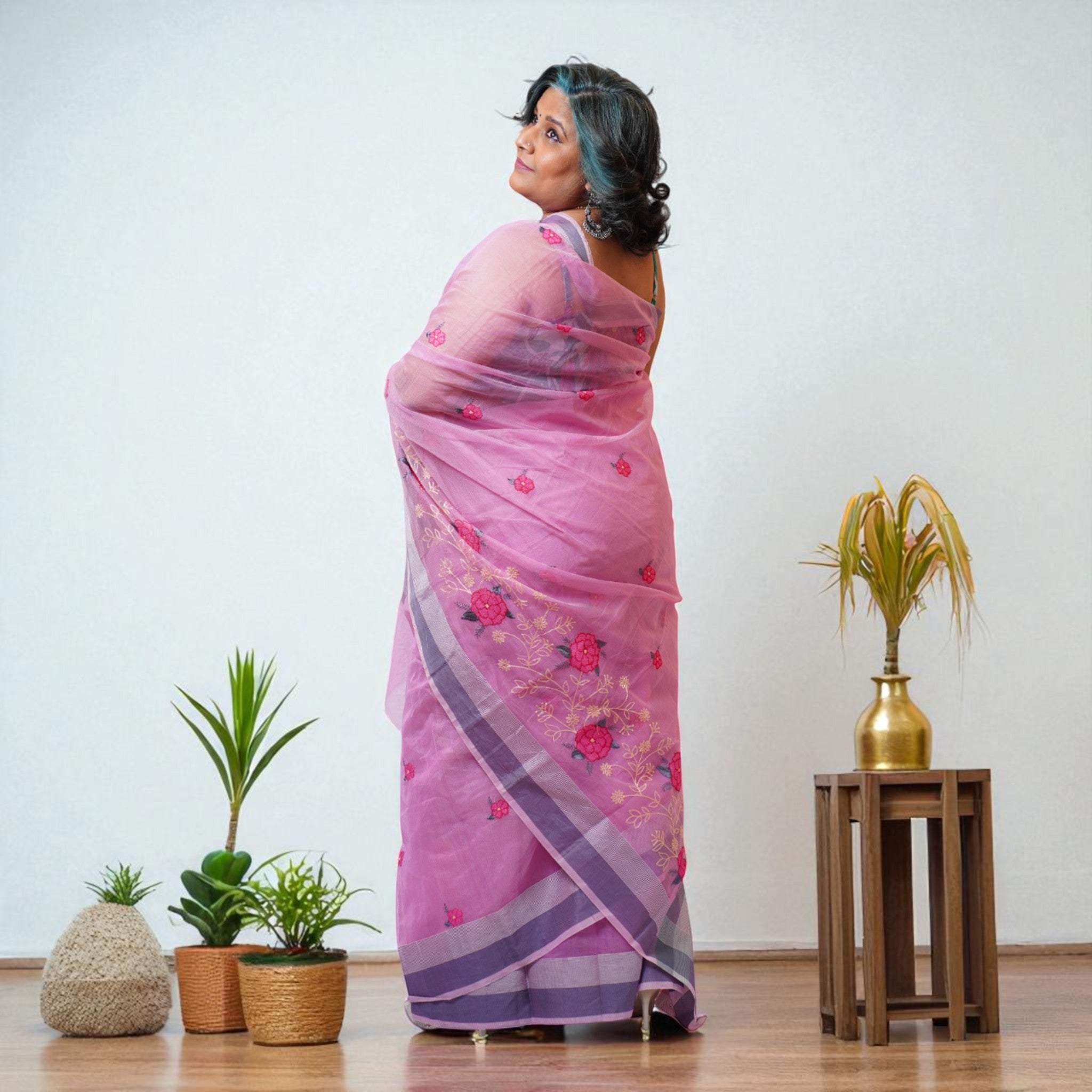 Pink Embroidery Kota Cotton Saree