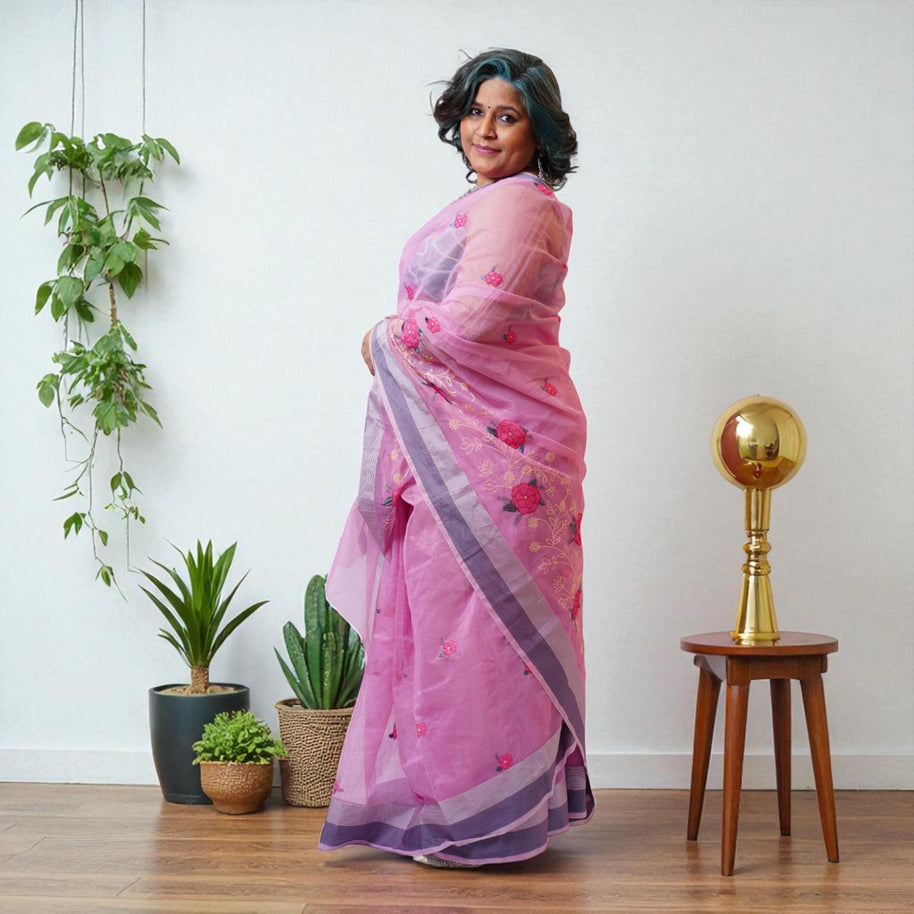 Pink Embroidery Kota Cotton Saree